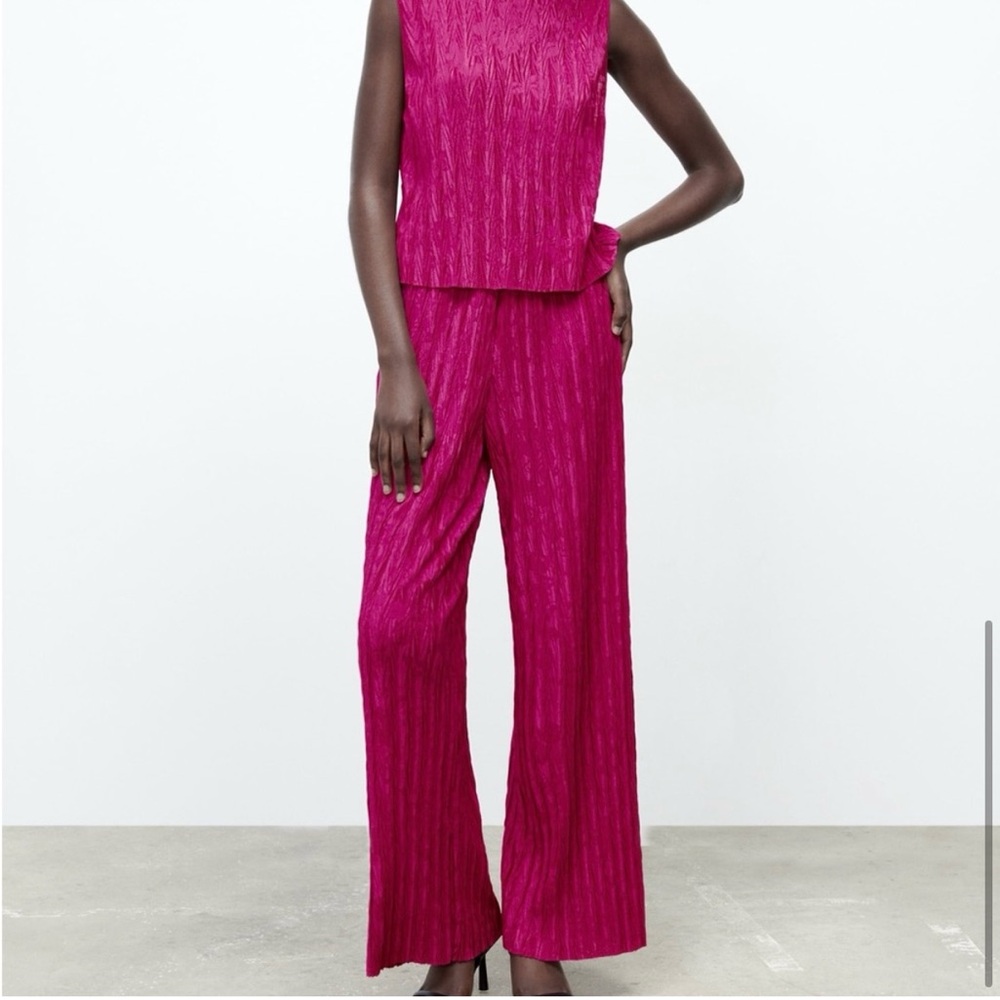 Zara Pink Wide Leg Jumpsuit with Pleated Texture - Picture 5 of 11